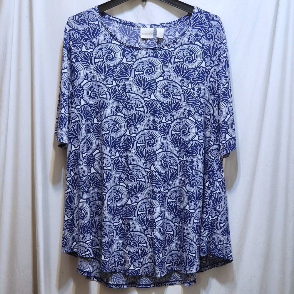 Chico's Blue White Paisley Print Short Sleeve Top Blouse‎ Size 3 XL 16
